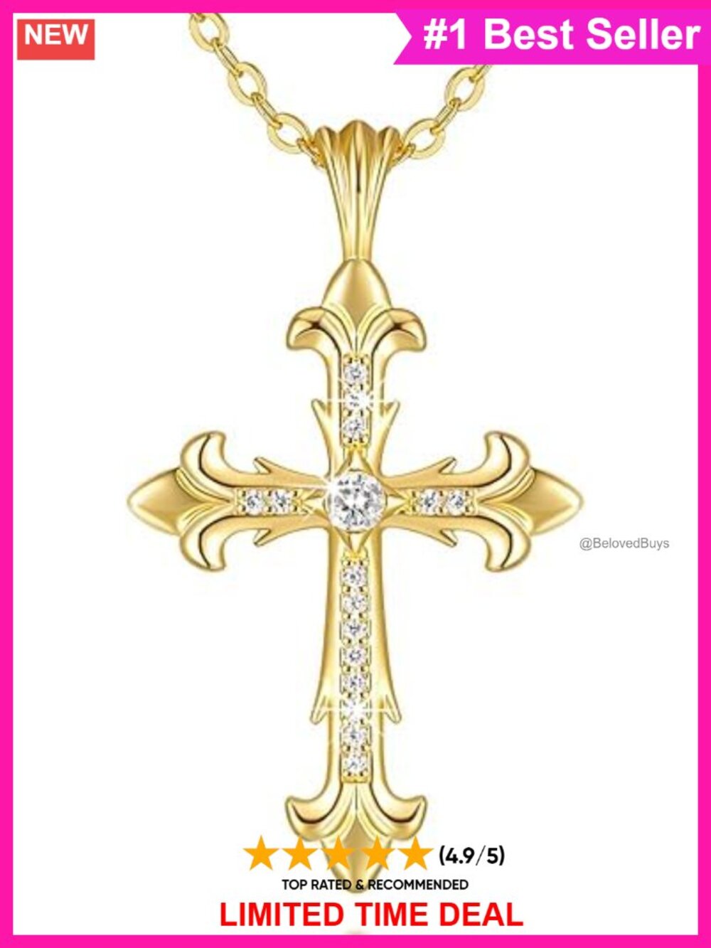 14K Gold Plated Cross Necklace with CZ Stones Adjustable Chain